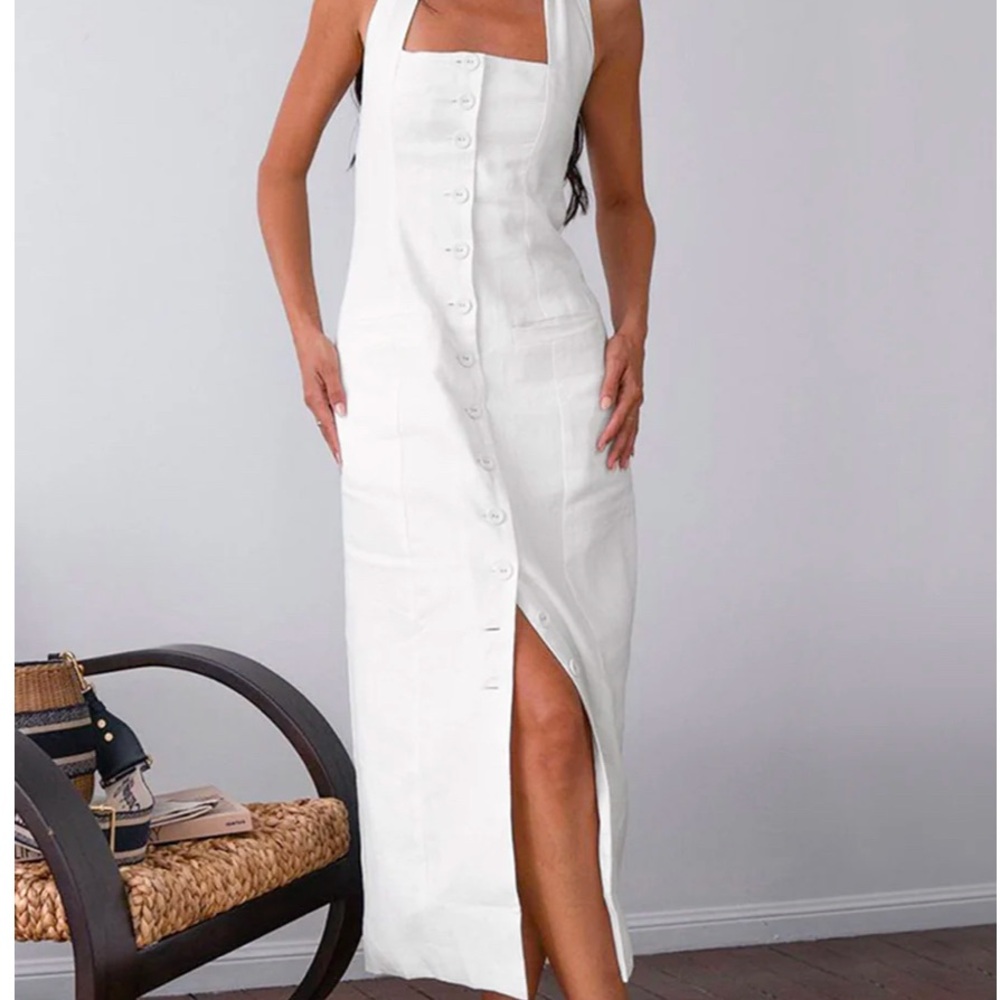 White button up halter linen-like dress new with tags